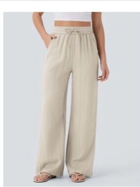 Halara High Waisted Drawstring Pocket Wide Leg Casual Linen-Feel Pants